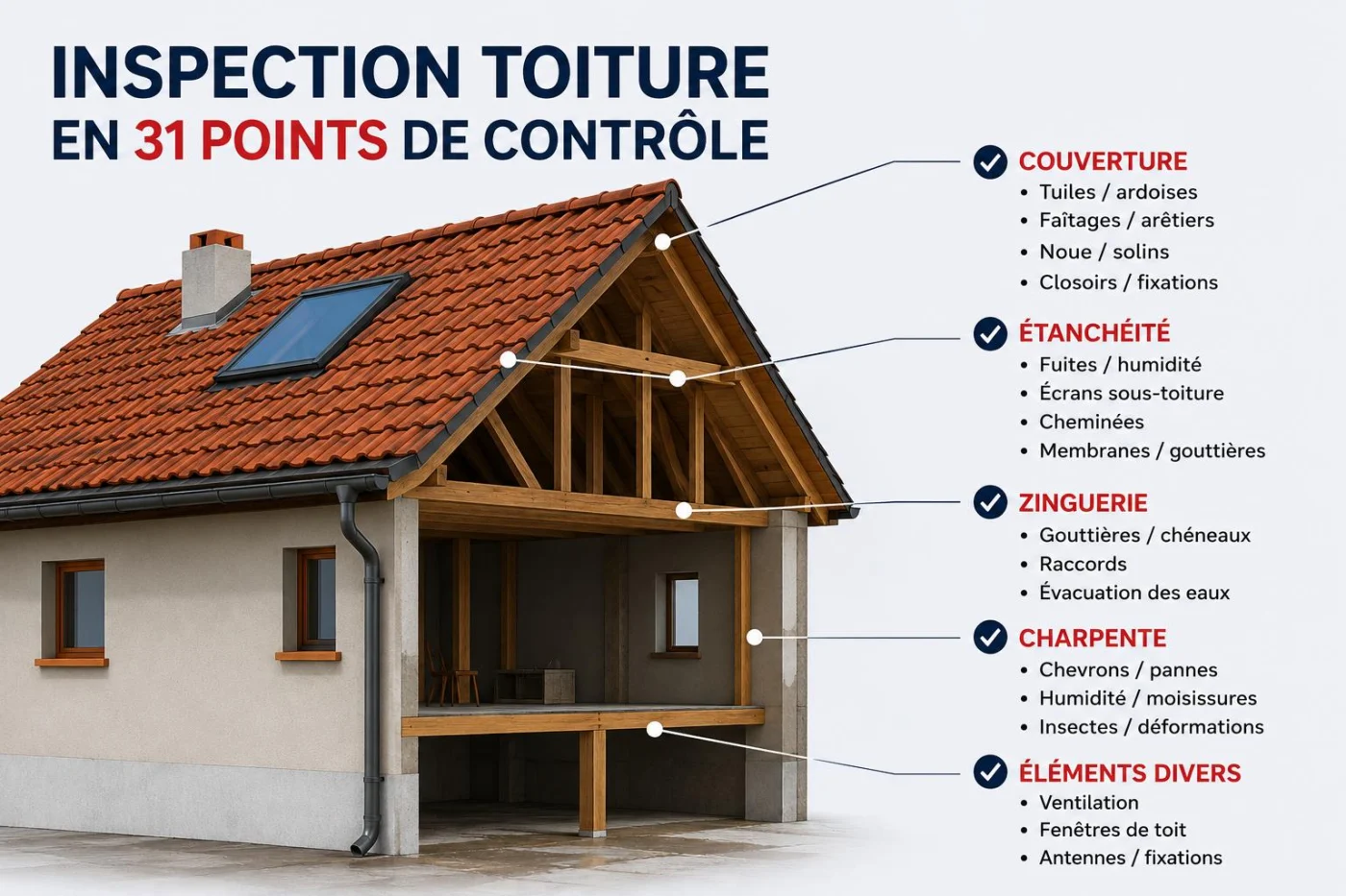 Inspection toiture en 31 points de contrôle : couverture, étanchéité, zinguerie, charpente et éléments divers