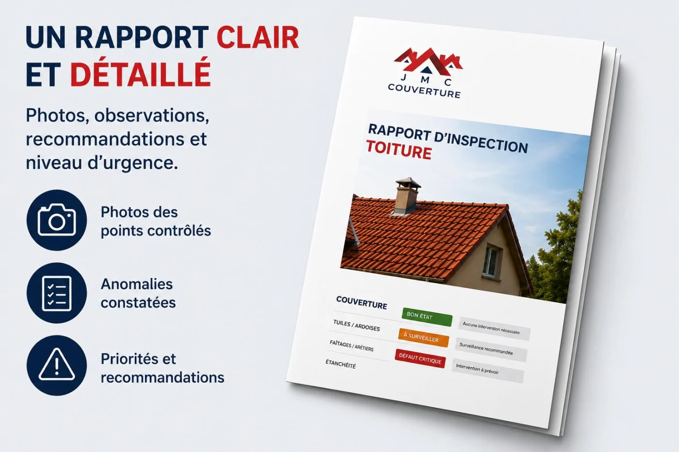 Rapport d'inspection toiture JMC Couverture : photos, observations, recommandations et niveau d'urgence