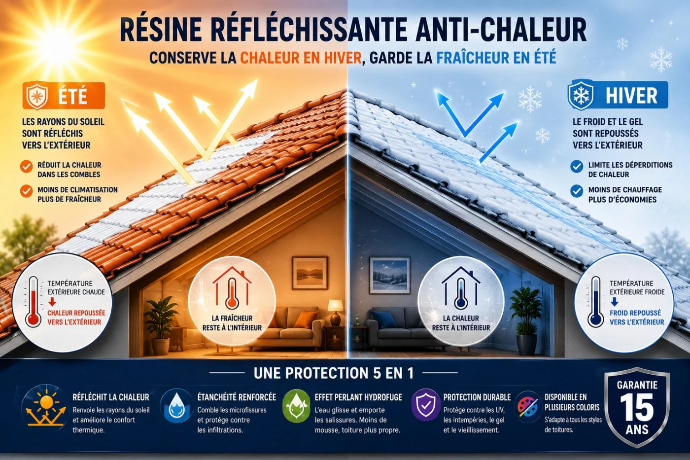 Comparatif été / hiver : la résine réfléchissante conserve la chaleur en hiver et la fraîcheur en été