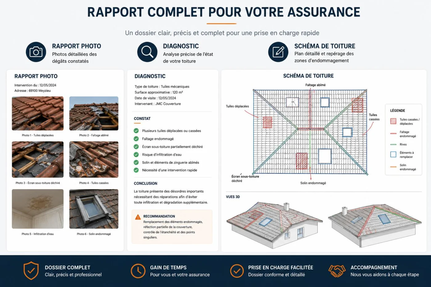 Exemple de rapport JMC Couverture pour une assurance : rapport photo, diagnostic et schéma de toiture